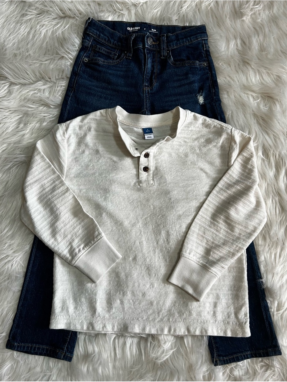 Old Navy Set - Cream Henley Long Sleeve Tee & Dark Wash Denim
